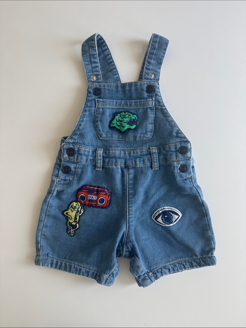 Kenzo Light Blue Denim Short Overalls with Playful Patches